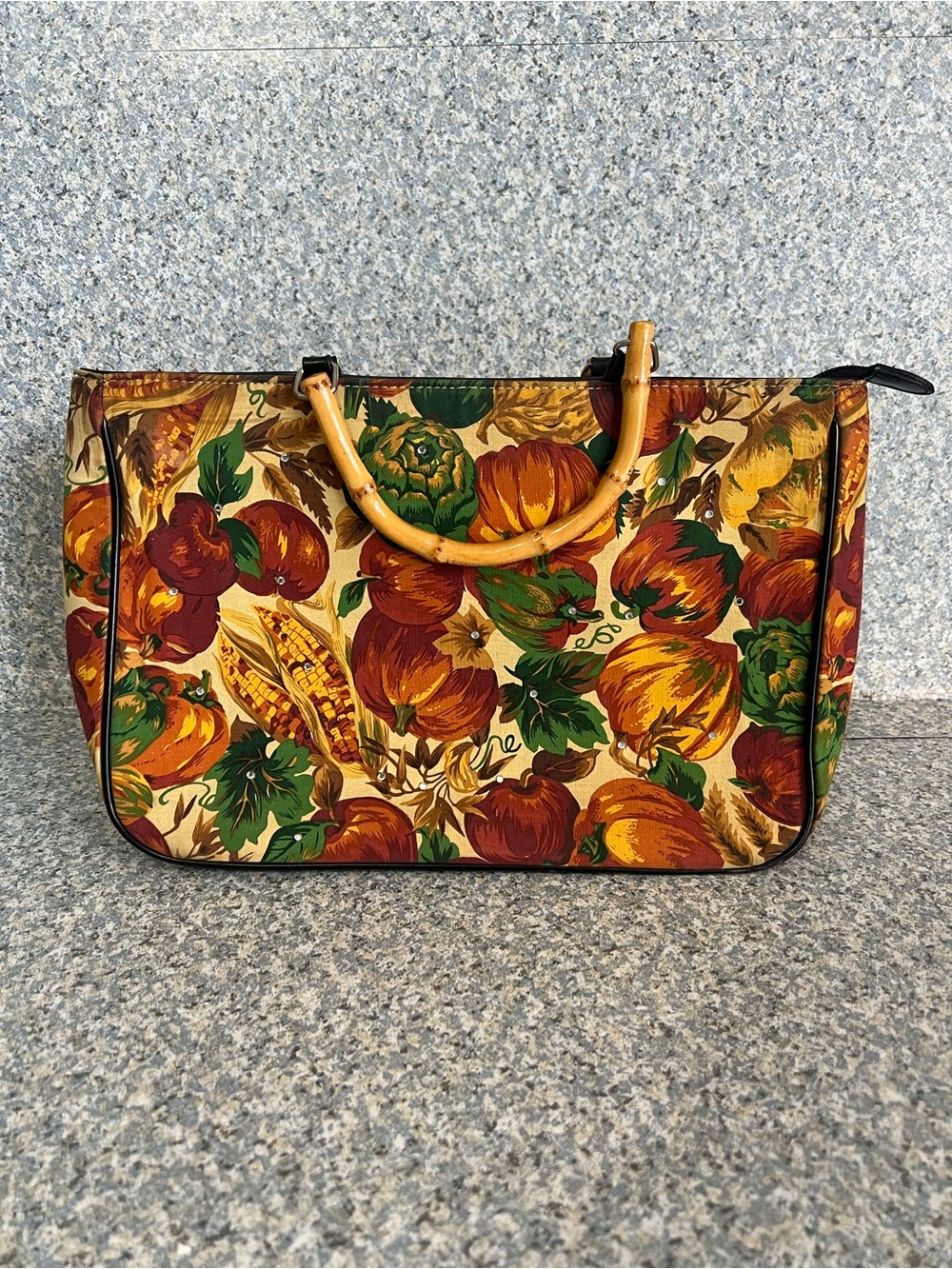 Collection XIIX Embellished Harvest Tote Bag Curved Bamboo Handles Zipper Top